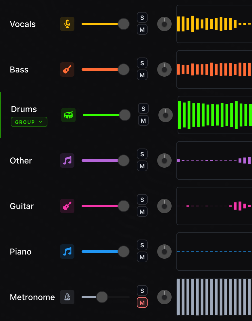 Close-up of the mixer rows: stem name and icon, volume fader, S and M buttons, and a pan knob
