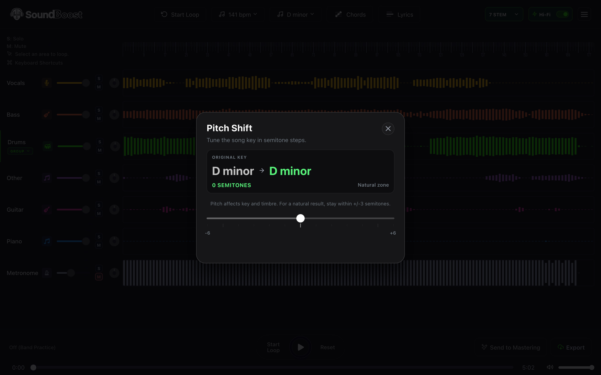 The Pitch Shift dialog showing the original key, the new key, a semitone slider from -6 to +6 and a natural zone hint