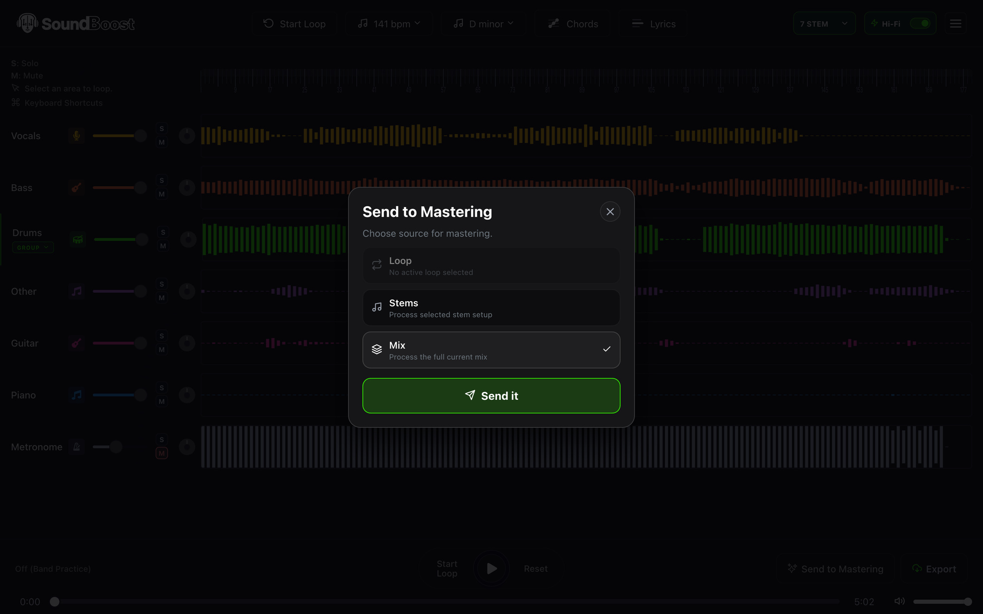 The Send to Mastering dialog with Loop, Stems and Mix options and a Send it button