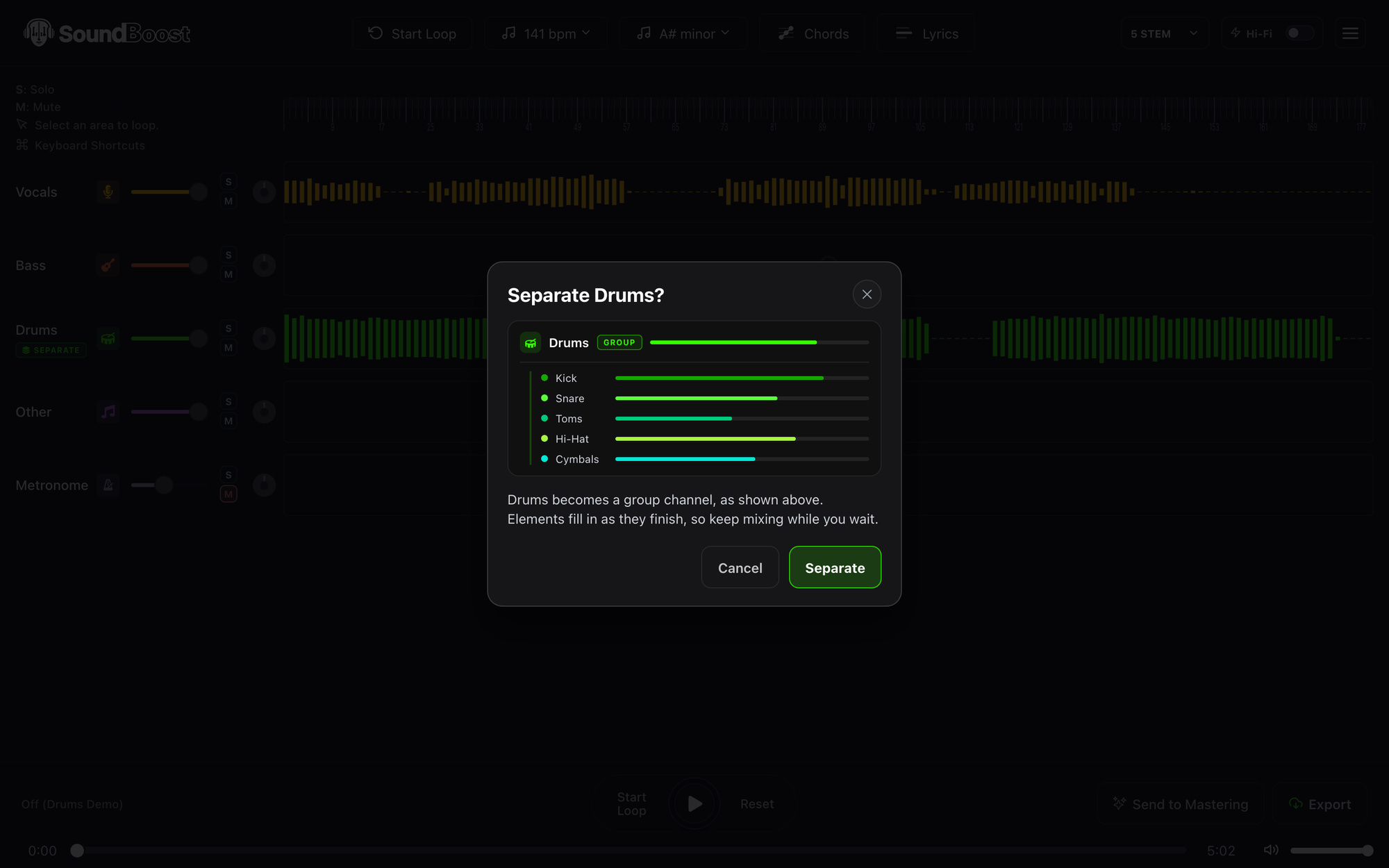 The Separate Drums dialog showing the Drums group with Kick, Snare, Toms, Hi-Hat and Cymbals sub-channels