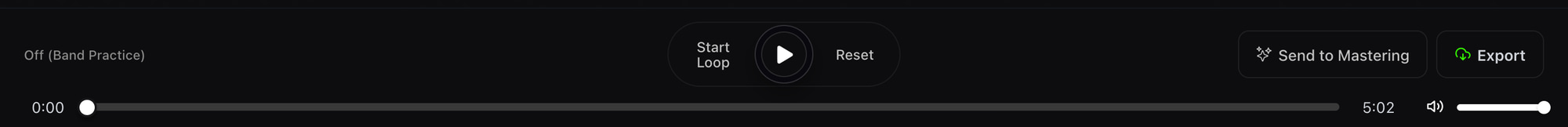 The transport bar with Start Loop, play, Reset, the time scrubber, master volume, Send to Mastering and Export