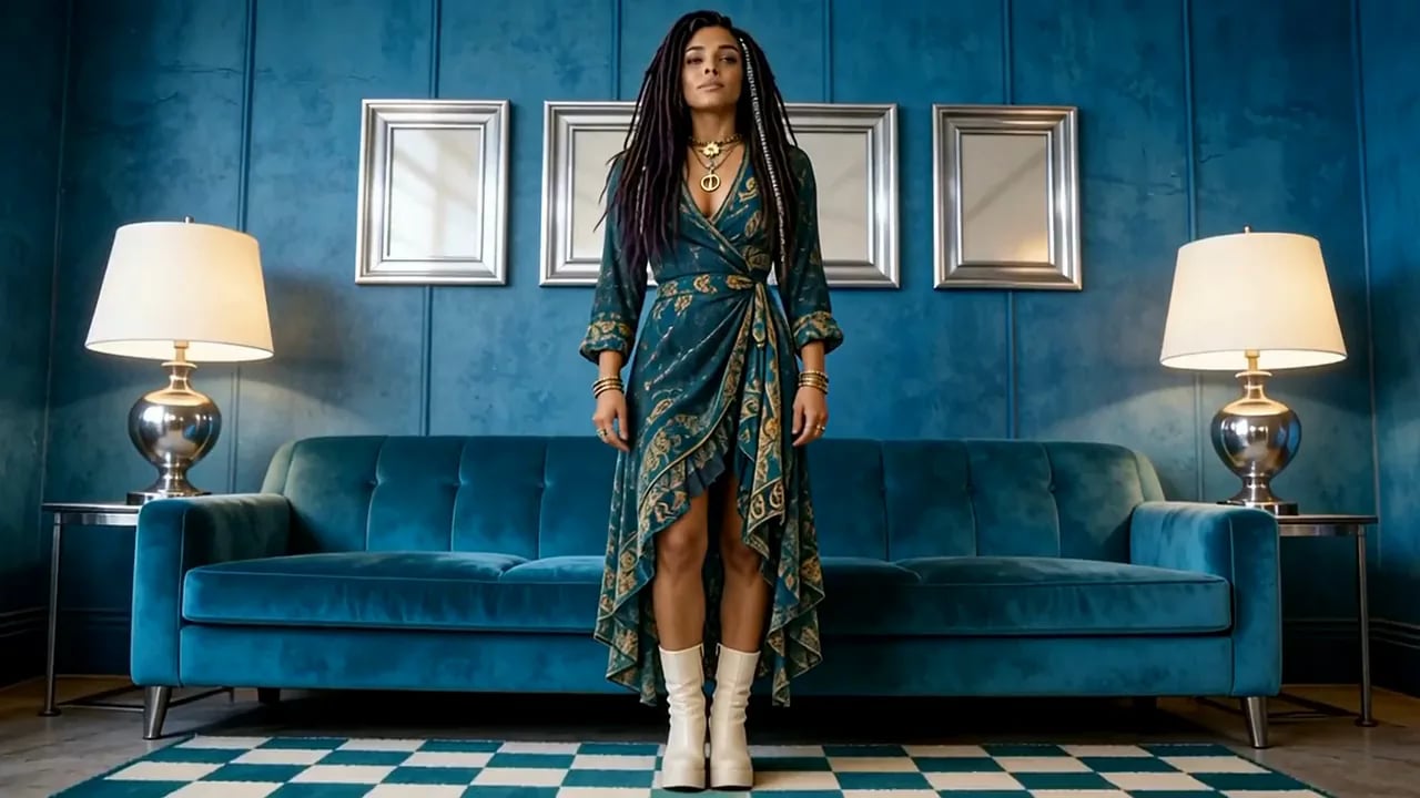 Ravenna West stands centred between two lamps in a symmetrical teal living room, then the whole room tilts sideways around her, from A Little Bit Sideways