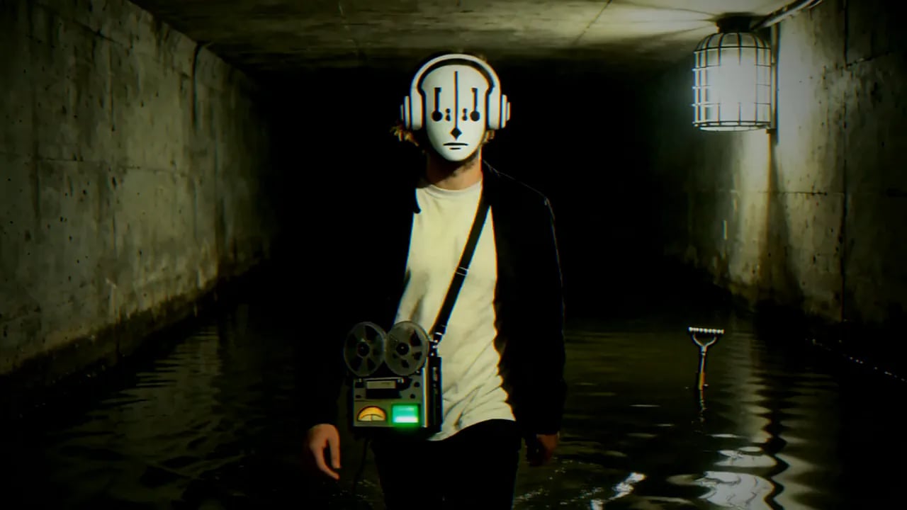 The man wearing the SoundBoost logo as a mask, in white headphones, walks towards the camera through a flooded concrete tunnel, a green-lit reel-to-reel recorder on his chest, from Off