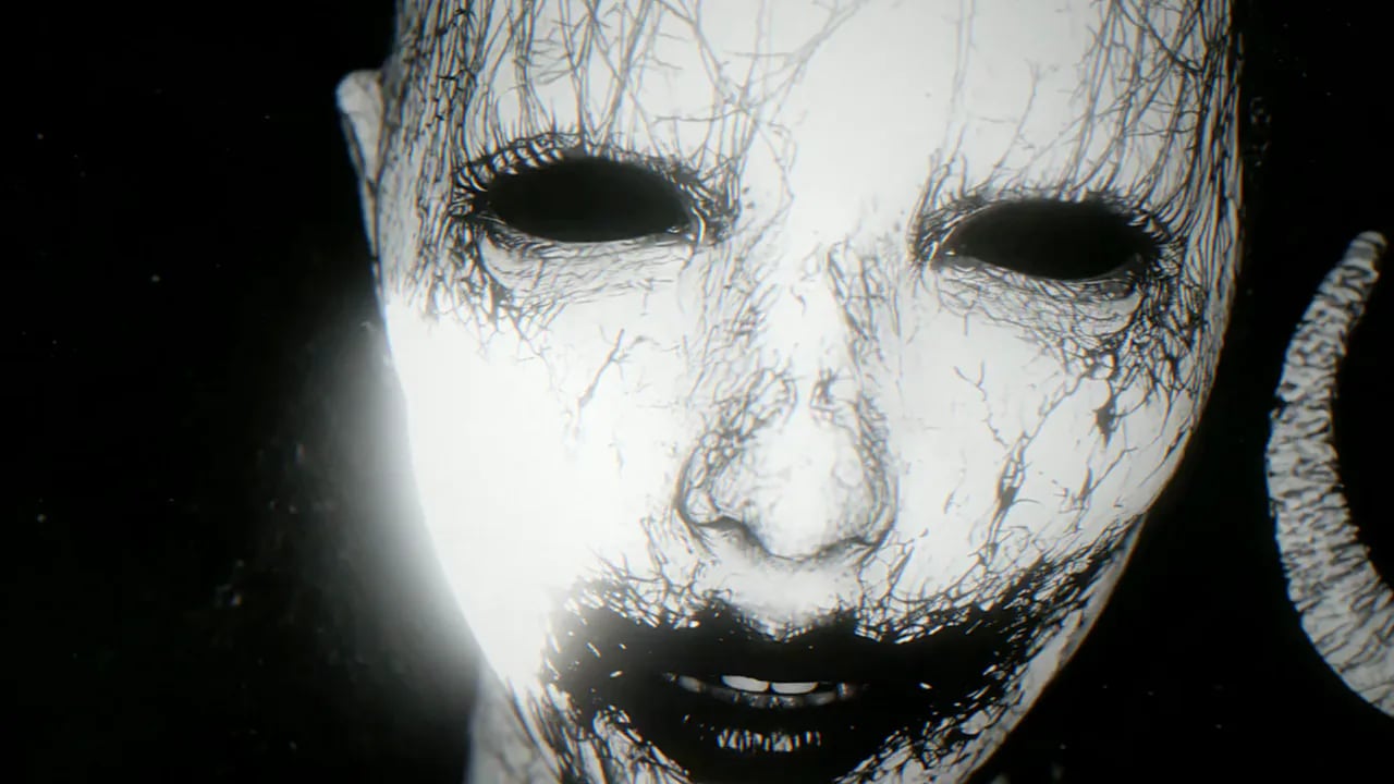 The horned demon with the porcelain face sings to camera out of the dark, in black and white, from Prey For Me