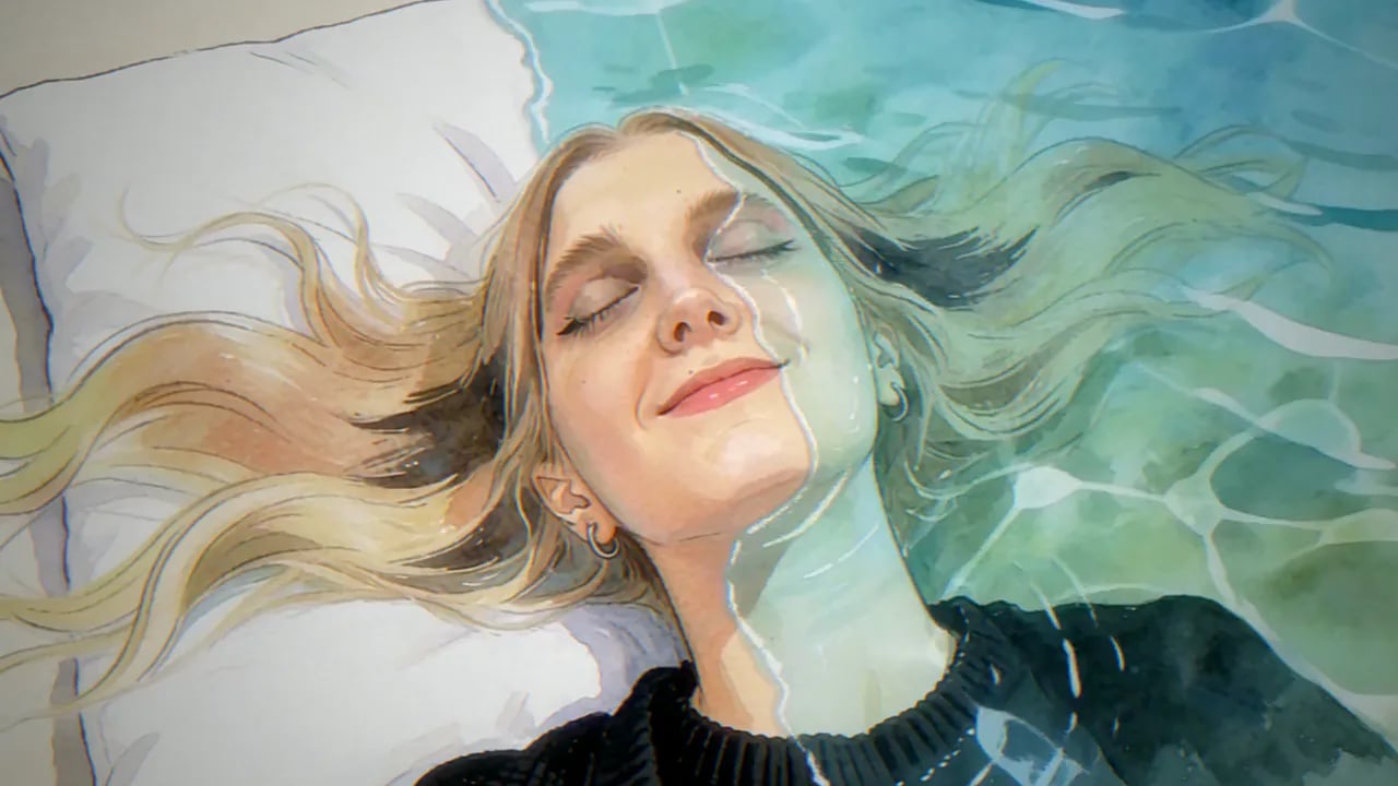 A watercolour girl sleeps with her hair spread across a pillow that turns to water, from Uyurgezer
