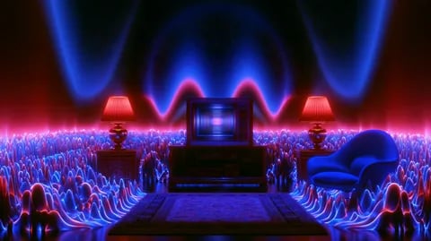 Input: a neon reference, a room of glowing waves with an old television and red lamps