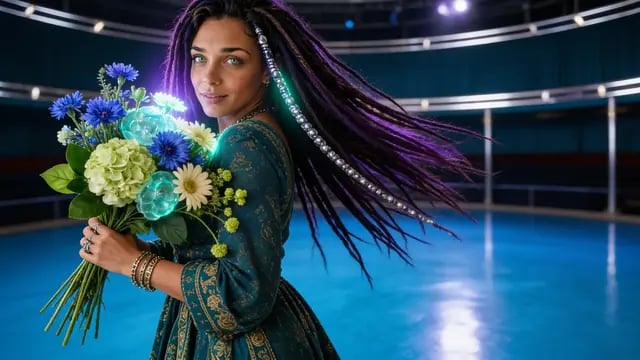 A woman with long braids holds a bouquet of blue and white flowers in a teal room, from A Little Bit Sideways, a house music video by Ravenna West