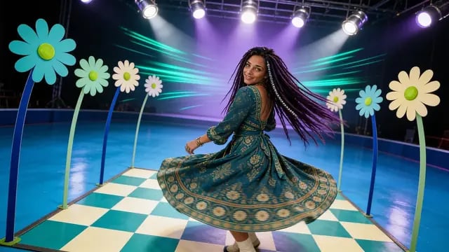 Ravenna twirls her dress on a checkerboard floor among giant daisies, from A Little Bit Sideways