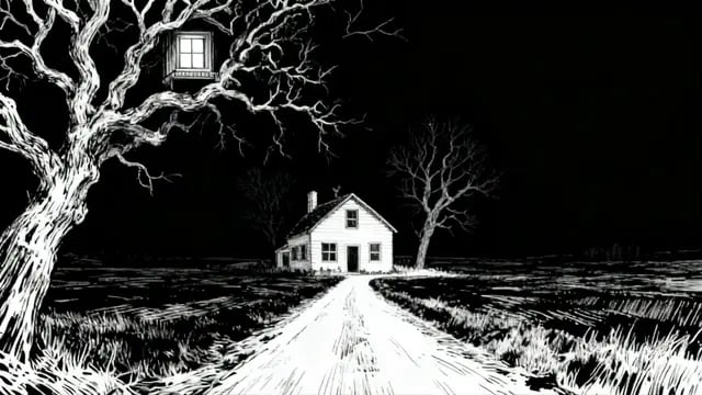 An ink drawing of a lone farmhouse at the end of a white road under a gnarled tree, from Dark Thoughts, a dark trap music video by illi.gg