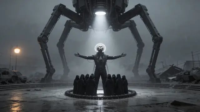 A giant walker machine shines its spotlight on a haloed figure with arms spread above a ring of kneeling hooded figures in a foggy square, from the trap music video Doppelbangin’ by Pastor Fussycat
