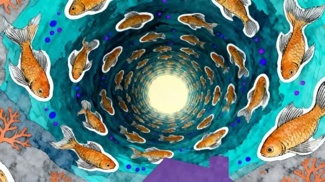 Orange goldfish swim through a turquoise watercolour tunnel towards the light, from Eucalyptus, a darkwave music video drawn in ink and watercolour