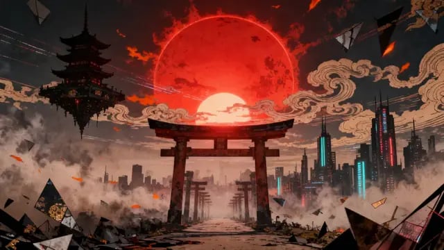 A red sun sets behind a torii gate over a cyber city under ukiyo-e clouds, from From The Future, a dubstep music video by Chuck Tone