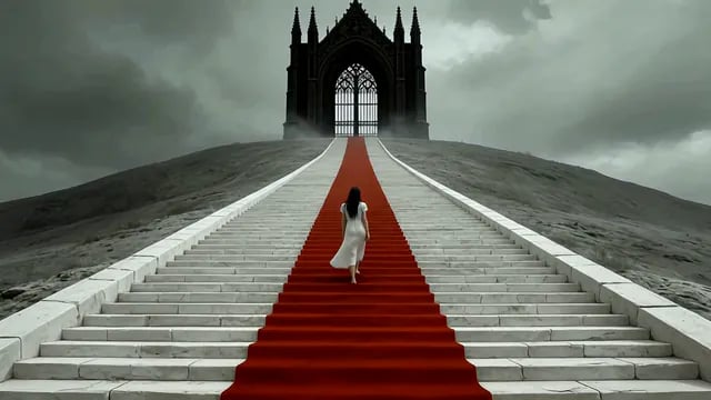 A woman in white climbs a red-carpeted white stair towards a black gothic gate under a grey sky, from Heartbreak (Dreampop Remix), a lip-synced dream pop music video by Pastor Fussycat