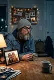 Input: a man in a grey beanie, glasses and a denim jacket at a kitchen table under fairy lights
