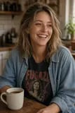 Input: a woman in a denim shirt laughs over a mug of coffee