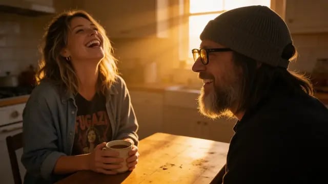 A woman laughs across a sunlit kitchen table from a man in a beanie, from If You Turn Your Back, an alternative rock music video by Echoith
