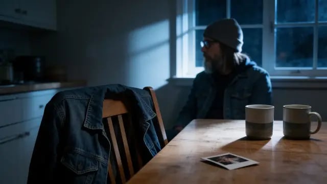 In the blue kitchen at night he sits by the window in the same beanie and glasses, her denim jacket on the empty chair, If You Turn Your Back at 0:00
