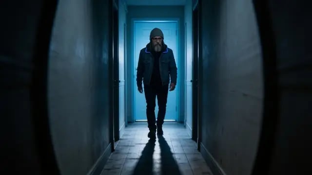He walks toward the camera down a narrow blue hallway, If You Turn Your Back at 0:45