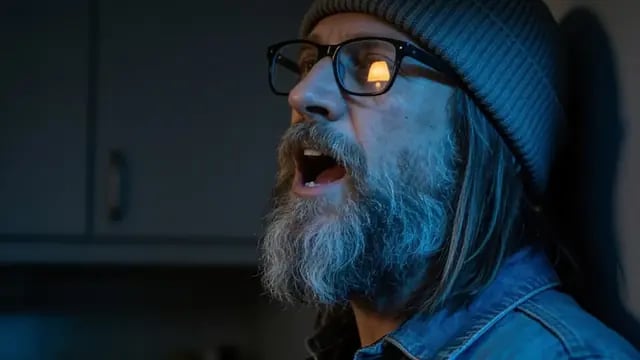 A close-up of him singing in the blue dark, the same beanie and glasses, If You Turn Your Back at 2:05