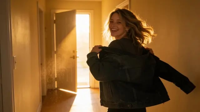 She swings the denim jacket onto her shoulders in a sunlit hallway, If You Turn Your Back at 2:52