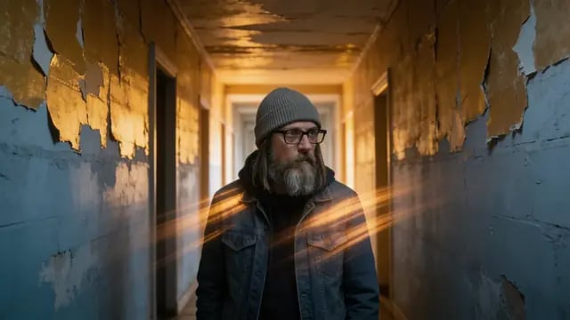 He stands in a hallway of peeling paint as streaks of gold light cross it, the same beanie and glasses, If You Turn Your Back at 3:31