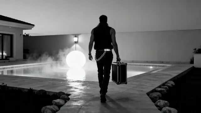 A long-haired man with a briefcase walks past a misty pool at a villa in black and white, from the hard techno music video I’m Techno by AMOAN