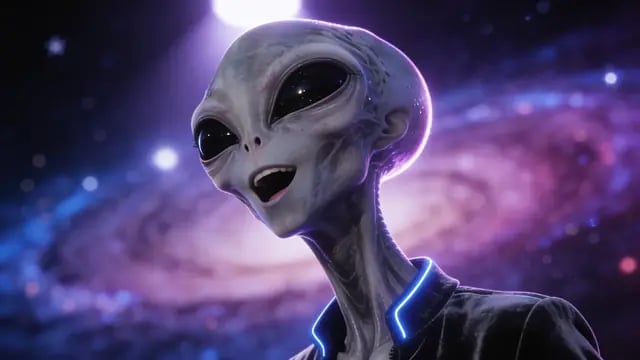 A grey alien in a velvet jacket with a glowing blue collar sings with joy in front of a spiral galaxy, from Let’s Groove, a lip-synced fan music video