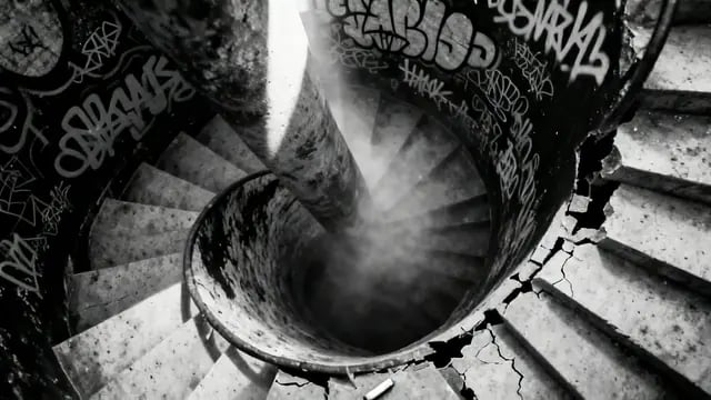 A graffiti-covered spiral staircase descends into the dark in black and white, from Lost in Catacombs, an industrial metal music video