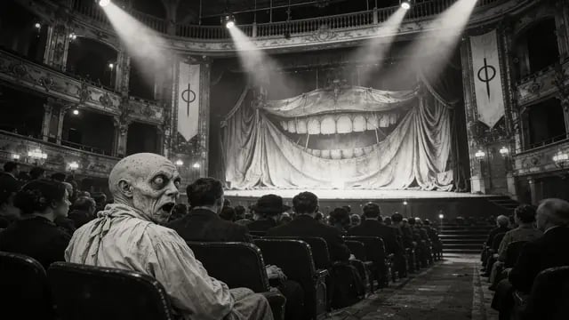 A bald, wide-eyed man in a pale smock turns from his seat in a packed opera house whose stage curtain is painted with a giant grin, from Love Is A Joke, a black-and-white trip hop music video by Daniel Ilchuk