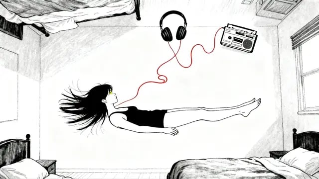 An ink drawing of a girl floating above her bed as headphones and a cassette player drift up, from the indie rock music video Nan Nan by Nana