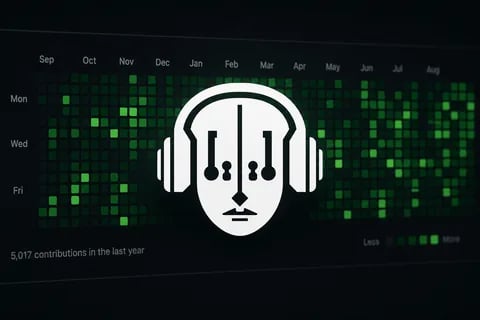 Input: a masked-headphones logo on a green contribution grid, uploaded for Off