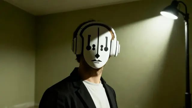 A man wearing a masked-headphones logo as a mask in a bare room lit by a street lamp, the first frame of Off, a coldwave music video made with no prompt