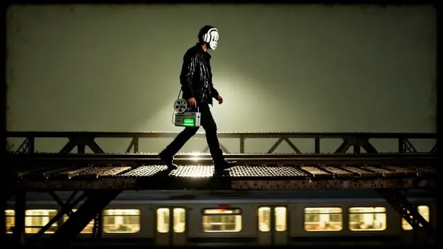 He crosses a steel footbridge above a lit train with a reel-to-reel recorder, from Off