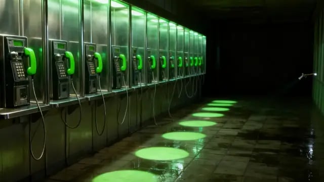 A row of payphones with green handsets glows down a dark corridor, from Off