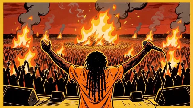 A singer raises both arms over a burning festival crowd in screen-print colours, from Prey For Me (Thrash Remix) by Pastor Fussycat