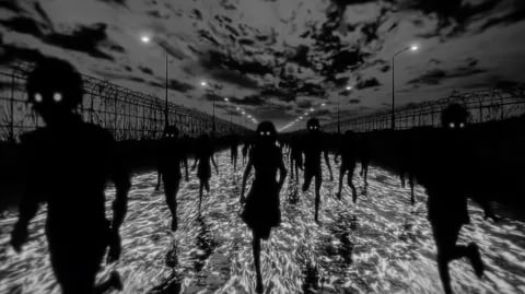 Input: a still of silhouettes with glowing eyes running down a lamp-lit night road