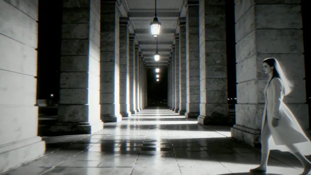 A woman in white walks past a lamp-lit colonnade, from Prey For Me