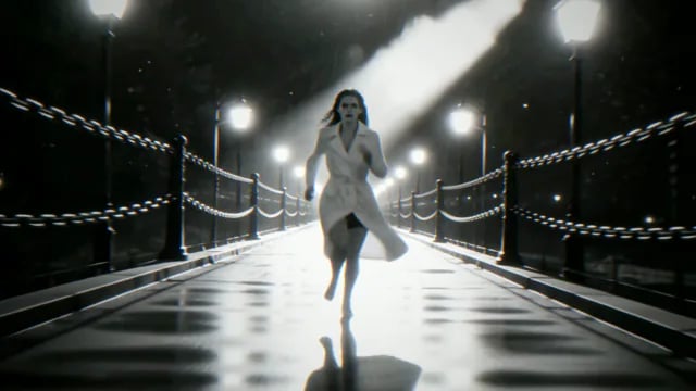 A runner in a white coat races towards the camera down a lamp-lit chain-rail bridge, from Prey For Me