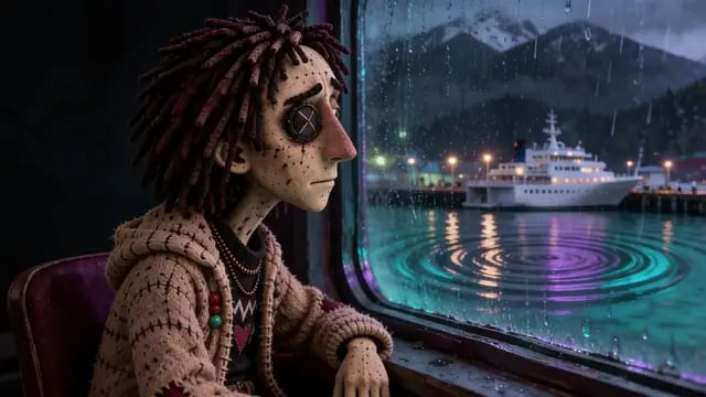 A clay puppet sits by a rainy window with a cruise ship in the harbour, from the clay-animation music video Round and Round by VYD3N