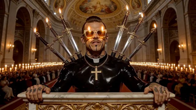 A tattooed preacher in gold sunglasses and a black latex cassock sings from a marble pulpit with a fan of daggers in his back, in a candlelit basilica full of people, from 7 Daggers, a lip-synced techno music video by Pastor Fussycat