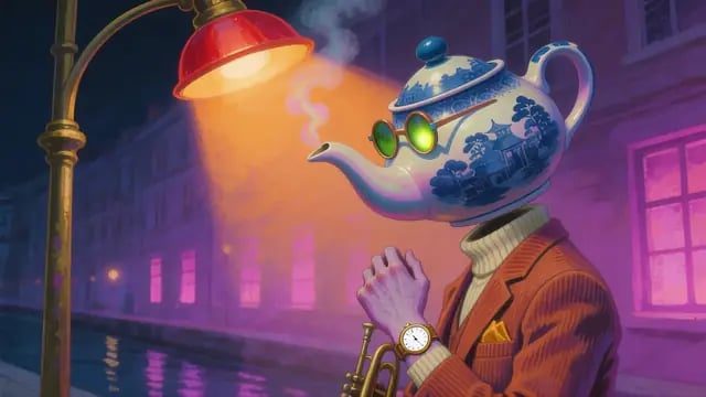 A teapot-headed trumpeter in sunglasses under a red streetlamp, from Slap Bass and Bicycle Horns, a funk music video in 1970s gouache by Glenn Williams