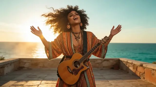 A singer in an orange kaftan plays an acoustic guitar on a seaside terrace at sunset, from Somebody To Love, a lip-synced synth-pop music video by Gen R8 Tiv Art