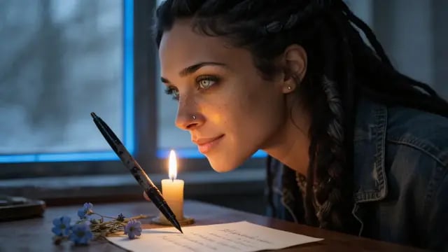 A woman with long braids leans over a candlelit desk and a half-written letter, from The Last Letter, a chillwave music video by Ravenna West