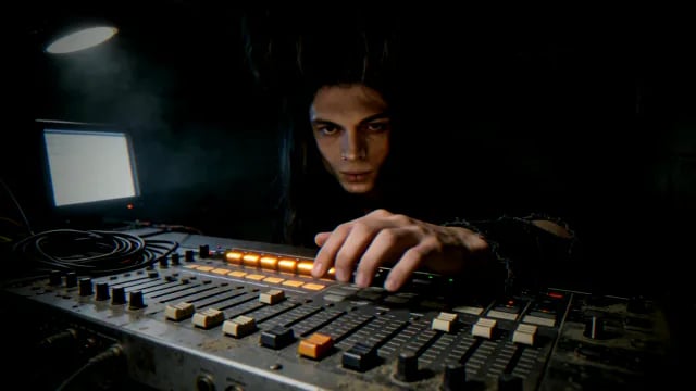 A long-haired producer works the faders of a mixing console in a dark studio, from 13, an EBM music video by AMOAN