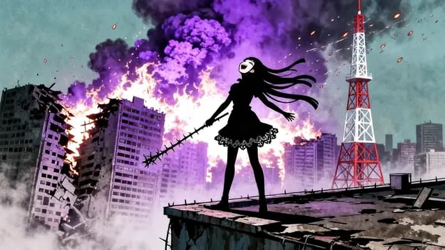An anime girl with a sword stands on a rooftop as a violet storm engulfs the city, from Underworld, a J-pop music video by Mikan
