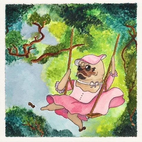 Input: Öykü’s watercolour of a pug on a swing