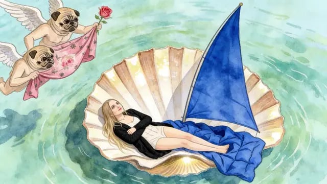 A watercolour girl drifts in a Botticelli shell attended by winged pugs, from Uyurgezer, a hand-painted dream pop music video by Öykü