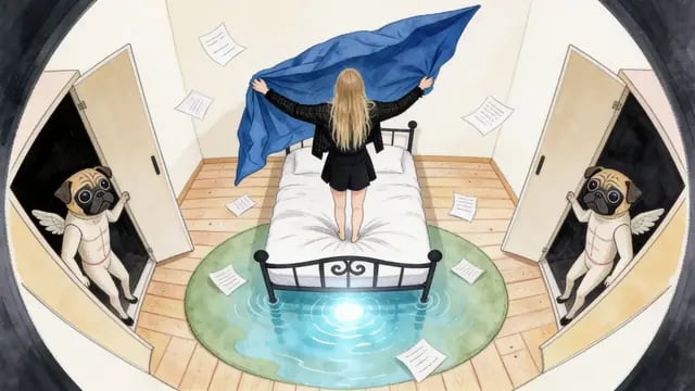 Watercolour: she stands on her bed in a round room as winged pugs wait at the doors, from Uyurgezer