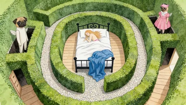 Watercolour: her bed in the middle of a hedge maze, watched by winged pugs, from Uyurgezer