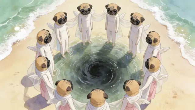 Watercolour: winged pugs stand in a circle around a whirlpool on the shore, from Uyurgezer